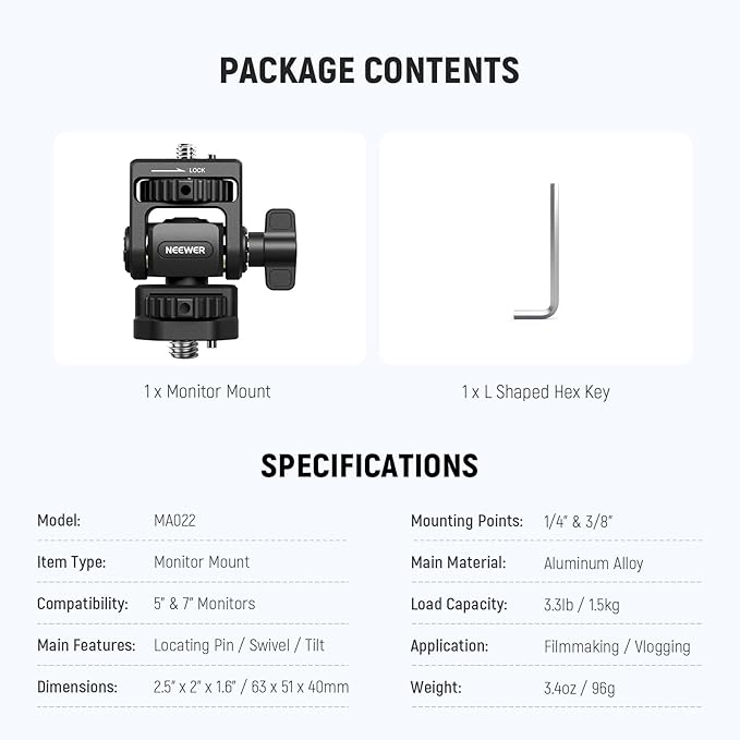 NEEWER Camera Field Monitor Mount Holder Bracket, 360° Swivel 180° Tilt Adjustable with 1/4" & 3/8" Screw Anti Twist Compatible with Atomos Ninja 5" & 7" Compatible with SmallRig Camera Cage, MA022