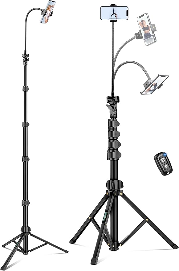 Phone Tripod, 85" Tripod for Cell Phone iPhone with Gooseneck, Aluminum Tripods Stand for Video Recording Photo Vlog, Travel Cellphone Tripod with Remote Compatible with iPhone Android