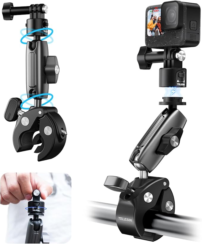 TELESIN° S2 Quick Release Clamp Bike Mount Motorcycle Handlebar Holder, Roll Bar Tube Clip Mounting Accessories for GoPro13 12 11 10 9 8 7 Go Pro Max Insta360 X3 X4 X5 Ace Pro DJI Action 3 4 Pocket 3