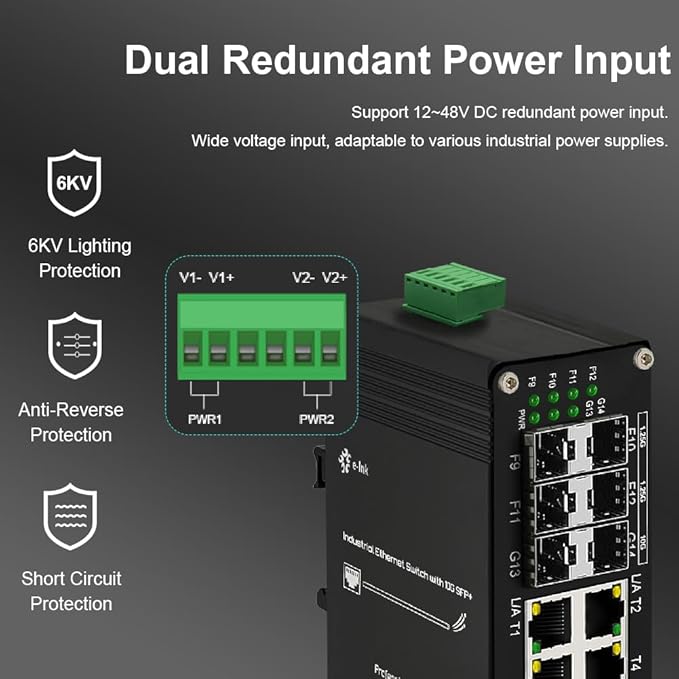 Industrial 8-Port Gigabit Ethernet Plus Switch with 2x10G SFP+ and 4x1.2.5G SFP, 10/100/1000Mbps, DIN Rail Mount Unmanaged Ethernet Fiber Switch