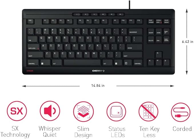CHERRY Stream Keyboard TKL Wired USB TenKeyLess Compact Version without Number Pad. Silent Keystroke. Ideal for Office and Industrial Use.