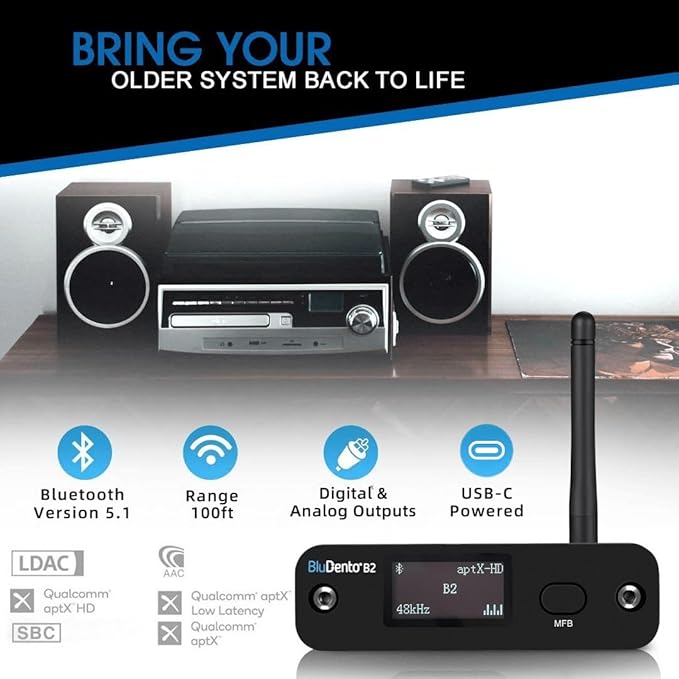 B2 aptX HD, LDAC Hi-Fi Bluetooth 5.1 Audio Receiver,Bluetooth Adapter with ESS DAC, Analog Stereo RCA Output, Enhanced Working Range,OLED Display, Digital Coaxial & Optical Outputs