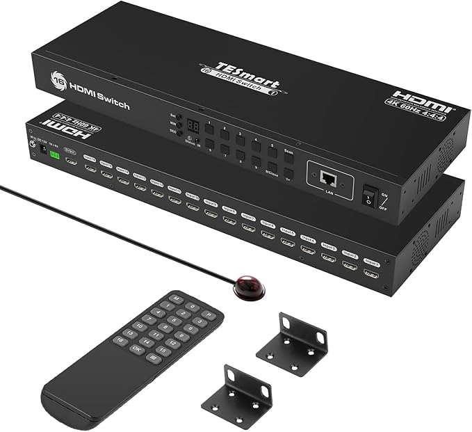 TESmart 16×1 HDMI Switch 16 in 1 Out 4K HDMI Switcher with IR Remote 4K@60hz 16 Port HDMI Switch Box HDCP 2.2,Auto Switch,19-inch Rack-Ears Mount,LAN Port Control,Auto Scan Switch