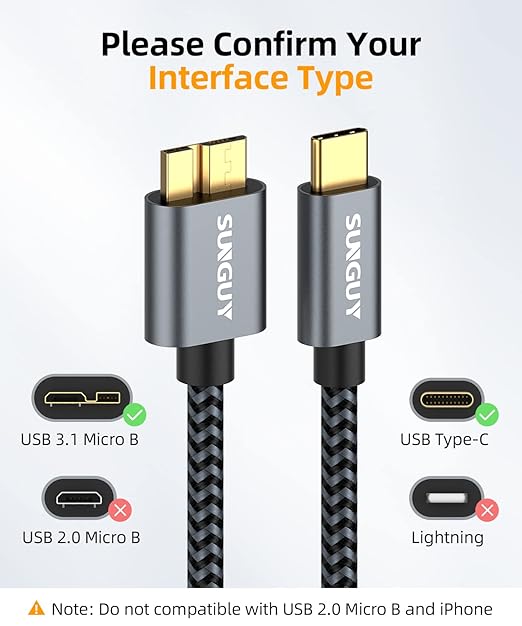 SUNGUY 10Gbps Micro B to USB C Hard Drive Cable 3FT, USB 3.1 USB C to Micro B, High-Speed External Hard Drive USB C Cable for iPhone 16 15 Pro/Pro Max, MacBook Pro/Air, WD Toshiba Westgate Seagate