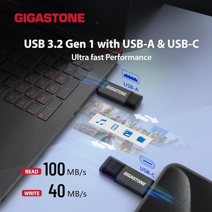 GIGASTONE 32GB Dual Flash Drive (5 Pack) Z40 USB 3.2 Gen 1, 2-in-1 Type-A & Type-C, 100MB/s Ultra Fast, Head Cap Design, Plug & Play for Smartphone/PC/Mac/TV/Car Audio, USB 2.0/3.0/3.1 Compatible