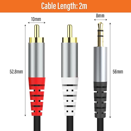 RCA to 3.5mm AUX Cable, (2M/6.6Feet) 3.5mm 1/8 to RCA 2-Male Headphone Jack Adapter Y Splitter Premium Stereo Audio Cord for Smartphones, Tablets, HDTV,or MP3 Players, Speakers