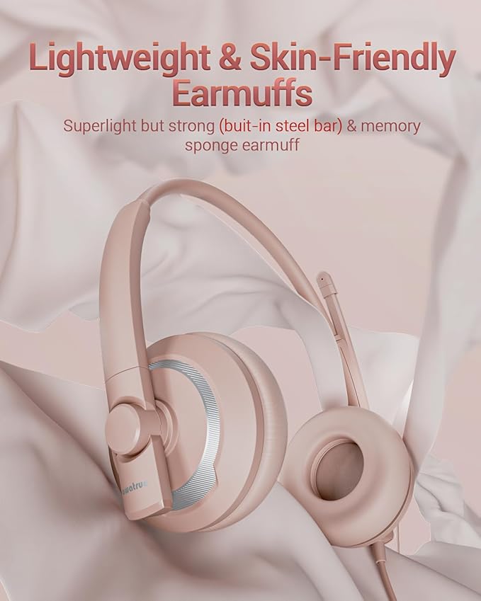Computer USB Headset with Microphone for PC Laptop - WiredHeadphones with in-Line Control, Lightweight, Enhanced Sound & MIC Mute(Pink)