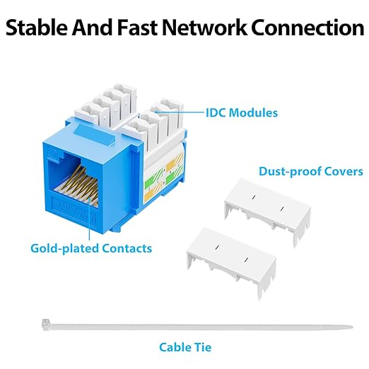 iwillink 10Gbps Cat6 Keystone Jack and Punch-Down Stand, 50-Pack, RJ45 Ethernet Keystone Jacks, 90-Degree UTP Modular Punch Down Keystone Jack Adapter, Blue
