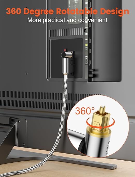 VANAUX 90-Degree Optical Audio Cable 10FT,90 Degree to 90 Degree Fiber Optic Toslink Cable(24K Gold-Plated Connectors,Braided Jacket) Ideal for Tight Spaces,Home Theater,Soundbars,Gaming Consoles