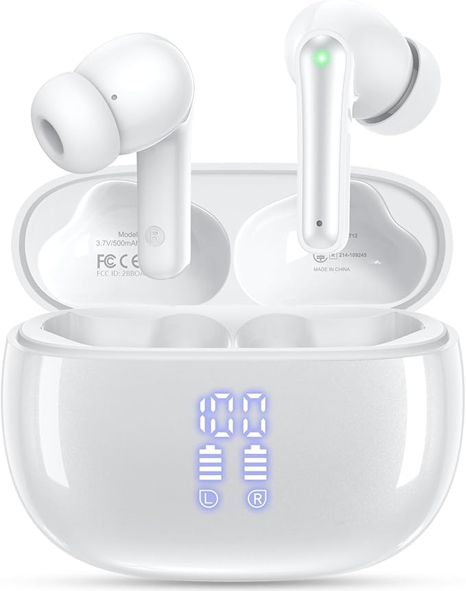 Wireless Earbuds, Bluetooth Ear Buds Headphones with LED Charging Case, Deep Bass Stereo Sound, 40 Hours Playtime, IP7, Lightweight in-Ear Earphones for iPhone Android Sports Workout