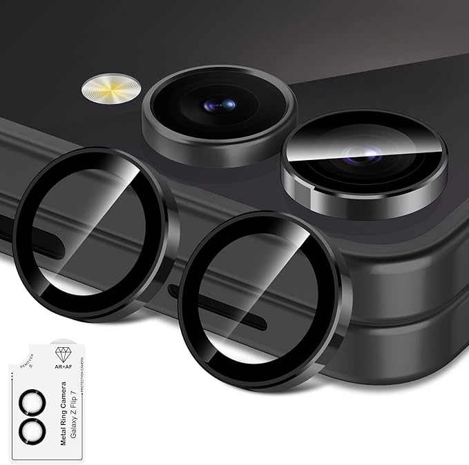 for Samsung Galaxy Z Flip 7 Camera Lens Protector, Individual Metal Ring Tempered Glass Lens Cover, [Strong Adsorption] Scratch Resistant Ultra-Thin HD Clear Lens Cover, 1 Set-Black Ring