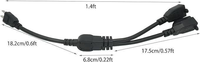 Y Splitter Extension Cord, 1.4FT 2 Way 1 to 2 Splitter Extension Cord, 3 Prong SJT 16AWG NEMA 5-15P to NEMA 5-15R x2, Male to Female Power Cord Cable Wire Extender Space Saver, 125V 13A 1625W, Black
