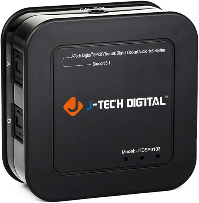 J-Tech Digital Optical Splitter 1 in 3 Out for TV, Toslink Splitter 1x3 SPDIF Audio Splitter 1:1 Transmission Support LPCM2.0, DTS, Dolby Digital