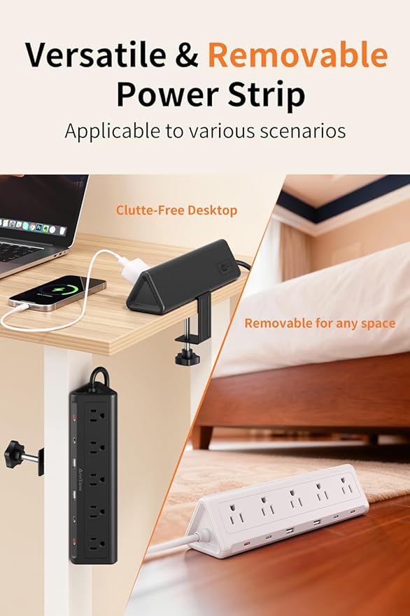 10 FT Desk Clamp Power Strip with 5 AC Outlets & 6 USB Ports PD 40W USB-C Fast Charging, 1250J Surge Protector, Fits 2.6 in top Edge Black