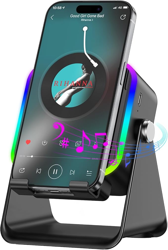 Wireless Induction Speaker 5-in-1 Bluetooth Speaker with Phone Stand,Stereo Sound, 3500mAh Rechargeable, 8 RGB Ambient Light, 360° Adjustable Holder for iPhone/Android/iPad,Gifts for Men Women (Black)