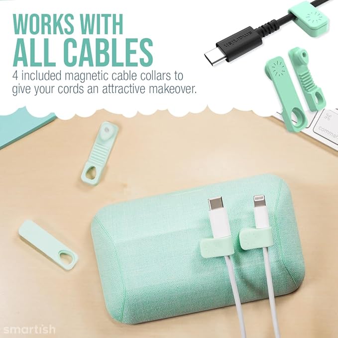 Smartish® Magnetic Cord Holder - Bigger Cable Wrangler Organizer with Magnet Clips for Charger Management on Desktop, Nightstand, or Side Table - Holds 6+ Cables - Teal Me More