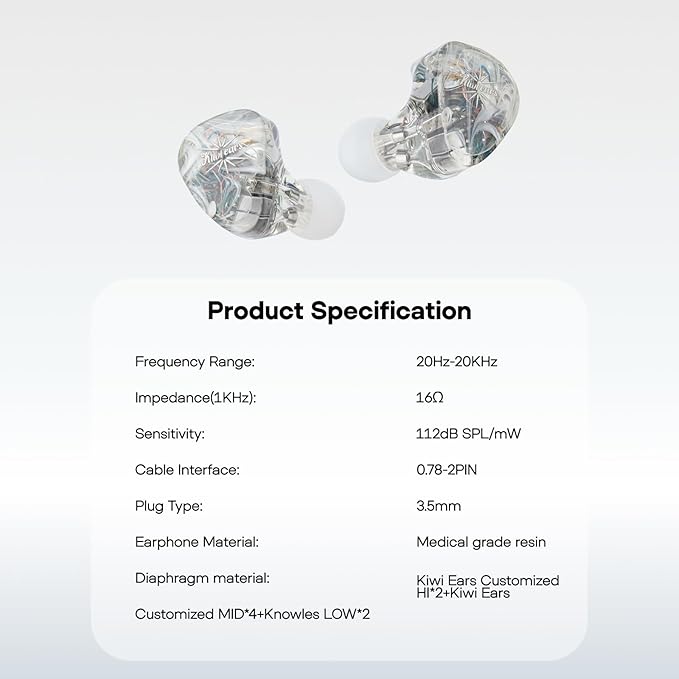 Linsoul Kiwi Ears Orchestra Lite Performance Custom 8BA in-Ear Monitor IEM with Detachable 4-core 7N Oxygen-Free Copper OFC Cable, Handcrafts Faceplate for Audiophile Studio Musician (Clear)