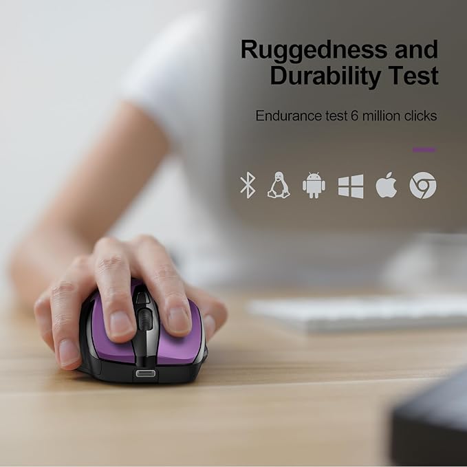 TECKNET Wireless Mouse (BT5.0/3.0 & 2.4G) Rechargeable 4800 DPI Silent USB A & Bluetooth Mouse 6 Buttons, Wide Compatibility - Purple