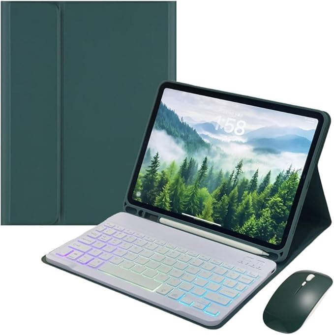 for iPad mini 7 (A17 Pro)/ iPad mini 6th 7th Generation Keyboard Case with Mouse and Rainbow Backlit Detachable Bluetooth Keyboard Cover,Dark Green+White