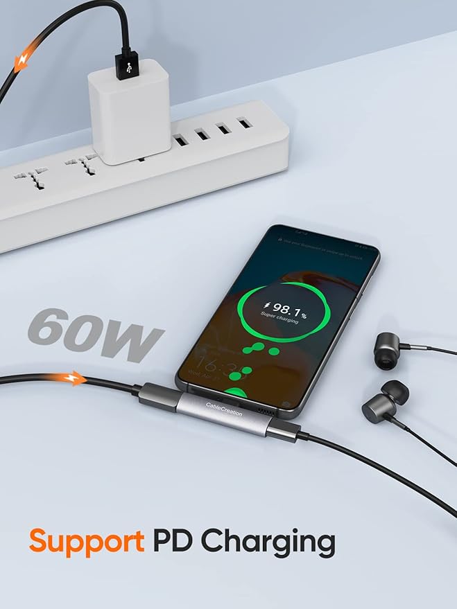 CableCreation USB C Splitter, 2-in-1 USB C Audio and PD Charging Adapter, Type C Aux Cord Compatible with New iPad Pro, MacBook, iPhone 16 15, Galaxy S9/S10/S20/S21 Ultra/S22/S23/S24, Pixel 9/8/7/6+