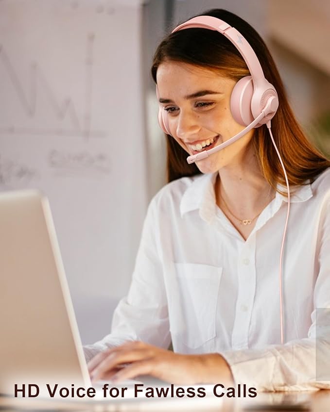 USB Headset with Microphone for PC, On-Ear Computer Laptop Headphones with Noise Cancelling Mic in-line Control for Home Office Online Class Zoom (USB+3.5mm, Pink)
