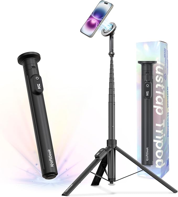 KraftGeek Magnetic Phone Tripod for iPhone MagSafe – 66'' Automatic Selfie Stick with Remote, Portable Tripod Stand for Video Recording, Travel, Vlogging (Black)