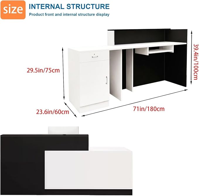 Reception Desk with Counter Modern Checkout Counter with Lockable Drawer Keyboard Tray Receptionist Desk for Office Salon Reception Table U Left 71inch/180cm