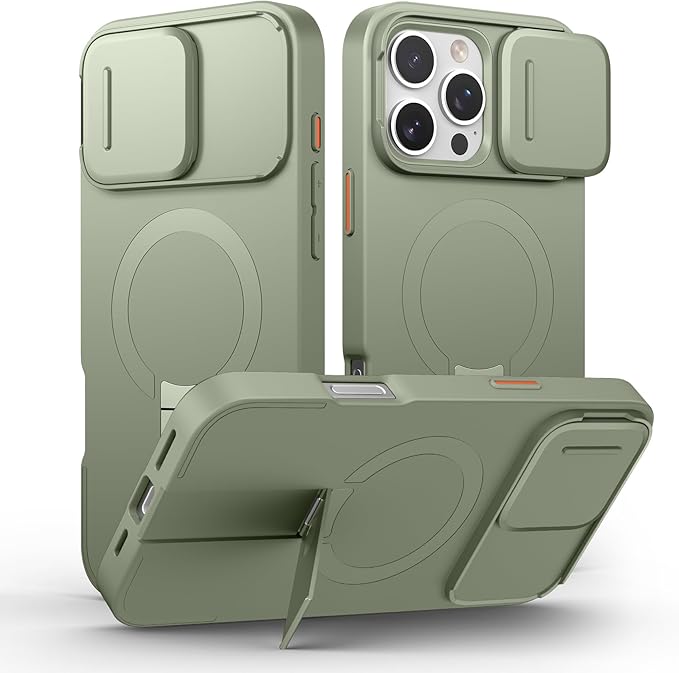 SURITCH for iPhone 16 Pro Max Case with Magnetic Camera Slide Cover and Adjustable Kickstand, Compatible with MagSafe, Shockproof Bumper Case Slim Protective Cover 6.9 Inch, Green