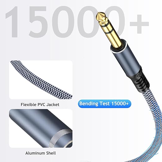 1/4 inch Extension Cable, 50ft, Male to Female Stereo Headphone Guitar Cable Copper Wire, Gold Plated Connectors, Tangle-Free, Compatible with Mixing Console, Speaker, Amplifier, Guitar