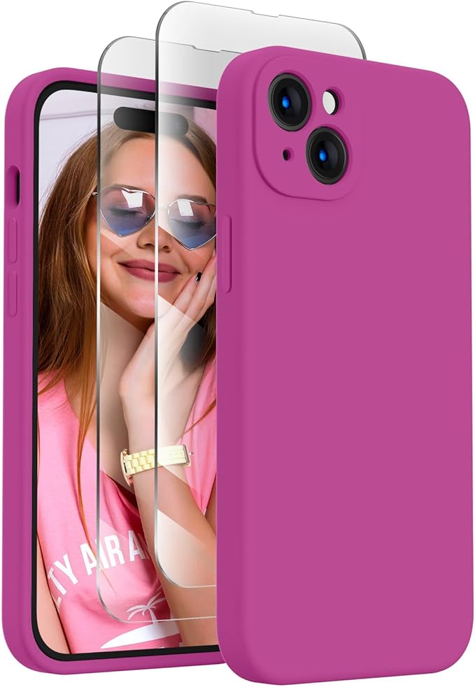 FireNova Designed for iPhone 15 Case, Silicone Upgraded [Camera Protection] Phone Case with [2 Screen Protectors], Soft Anti-Scratch Microfiber Lining Inside, 6.1 inch, Shocking Pink