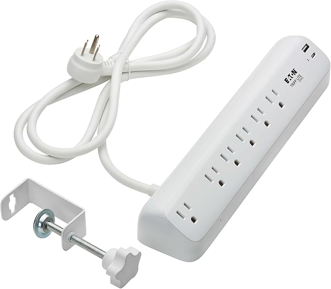 Eaton Tripp Lite Series Desk Clamp Power Strip Surge Protector, 6-Outlets, USB-A & USB-C Charging Ports, 900 Joules, 6ft Flat Extension Cord, Lifetime Manufacturer's Warranty (TLP66UCLAMP)