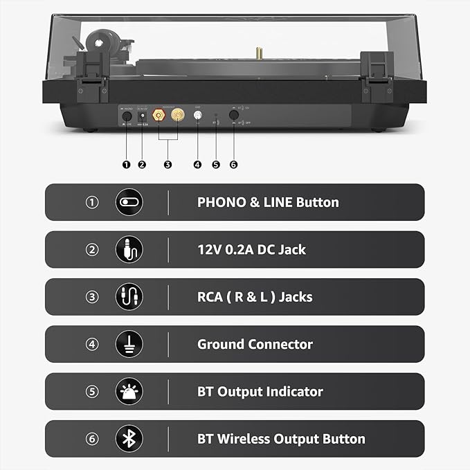 Record Player Wireless Output Turntable Carbon Fiber Tonearm Vinyl Player Aluminium Platter Belt-Drive LP Turn Tables 2 Speed RPM Phono RCA Line Output AT-3600L MM Cartridge Audio Sound Pure Black