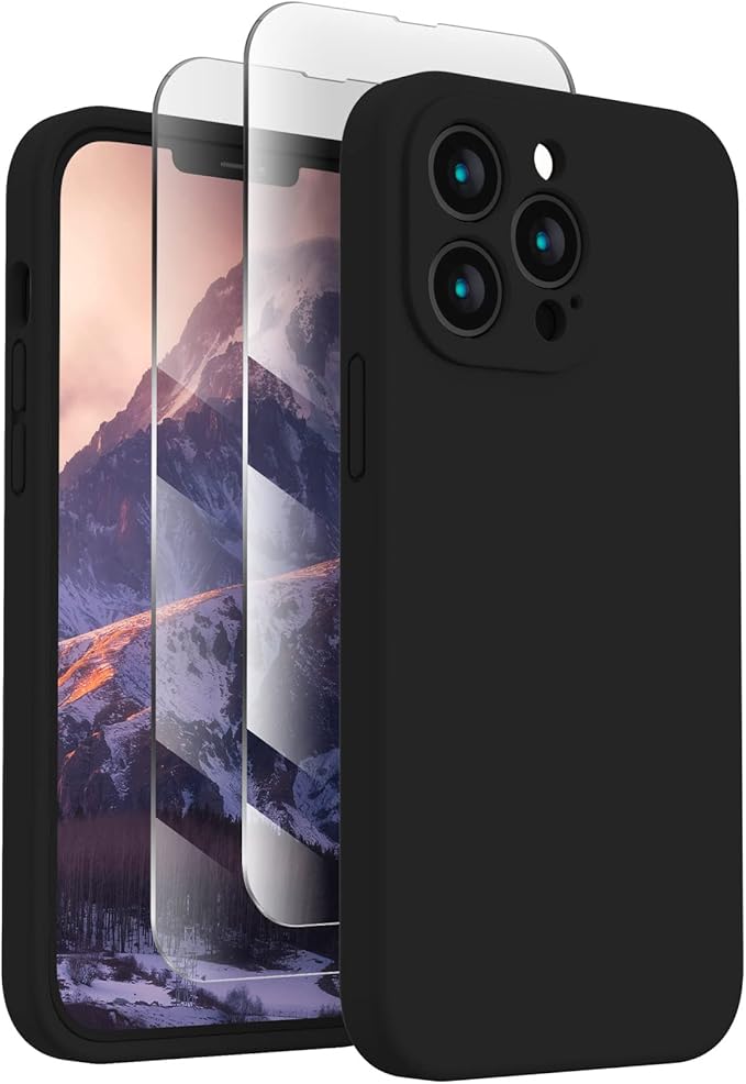 FireNova Designed for iPhone 13 Pro Max Case, Silicone [Camera Protection] Phone Case with [2 Screen Protectors], Soft Anti-Scratch Microfiber Lining Inside, 6.7 inch, Black