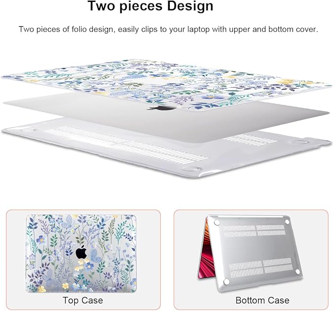 Compatible with 2021 2020 MacBook Air 13 inch Case M1 A2337 A2179 A1932 2018 2019 Release, Pattern Plastic Hard Shell Case & Keyboard Cover for Mac Air 13 Touch ID, Meadow Wildflower