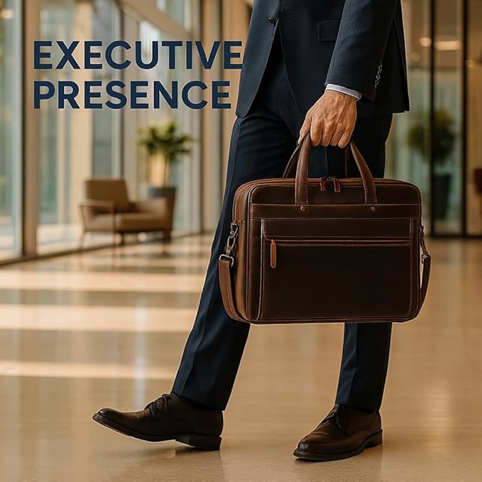 Luxorro Full Grain Leather Briefcase for Men, Top Choice Gifts, Handcrafted Laptop Bag with Multiple Compartments and Brass Hardware, Fits 15.6 Inch Laptop