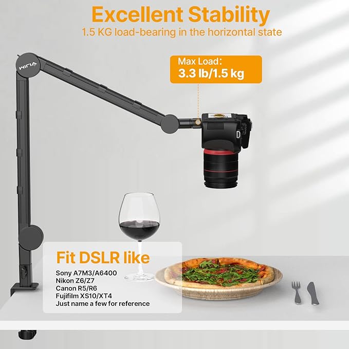 PICTRON VIJIM LS25 Camera Desk Mount, Flexible Overhead Webcam Stand with Boom Arm, Table C-Clamp Suitable for Photography Videography Live Stream