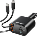SUPERONE Retractable Car Charger for iPhone with Dual Type C Cables, 4 in 1 USB C Car Charger Adapter with PD 60W Fast Charging Compatible with iPhone 16 15 14 13 12 11 Pro/XS/XR/SE/iPad/Airpods