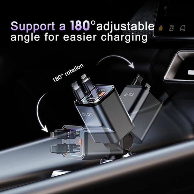 [2025 Mirco-Version] 4 in 1 Retractable Car Charger,69W Car Charger USB C,Cigarette Lighter Adapter,Fast Charging for iPhone 16e/16/15/14,13,Android (Orange, for Lightning+USB-C)