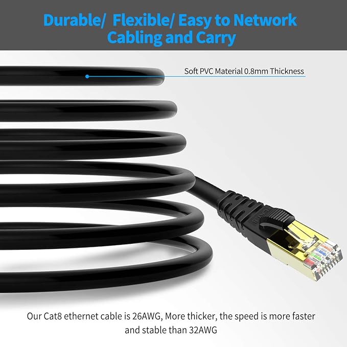 KASIMO CAT 8 Ethernet Cable 5 Feet, 10 Pack Black Shielded SFTP Internet Network Patch Cord, Heavy Duty High Speed LAN Cables w Gold Plated RJ45 Connector Professional for Router, Modem, Gaming