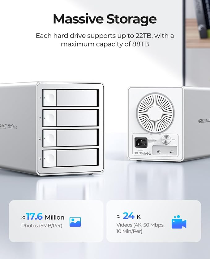ORICO Daisy Chain 4 Bay Hard Drive Enclosure USB 3.2 Gen 2 Aluminum Das Enclosure USB C Expansion Max Up to 264TB for 3.5-inchs HDD -9948C3
