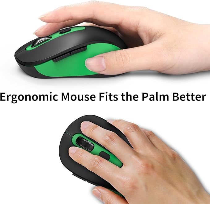 Wireless Mouse for Laptop, PC, Chromebook, Mac, MacBook, Silent Wireless Mouse with USB Nano Receiver, Side Button, 2400 DPI, Anti Slip Roller, 6 Button Ergonomics Cordless Computer Mice - Black Green