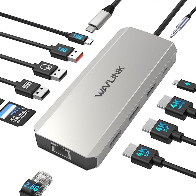Docking Station Dual Monitor, WAVLINK Displayport Docking Station with Dual DP, HDMI, 100W PD in, 10Gbps USB A/C, 2.5G Ethernet Port for Dell/HP/Lenovo etc, Windows Systerm Computer Only