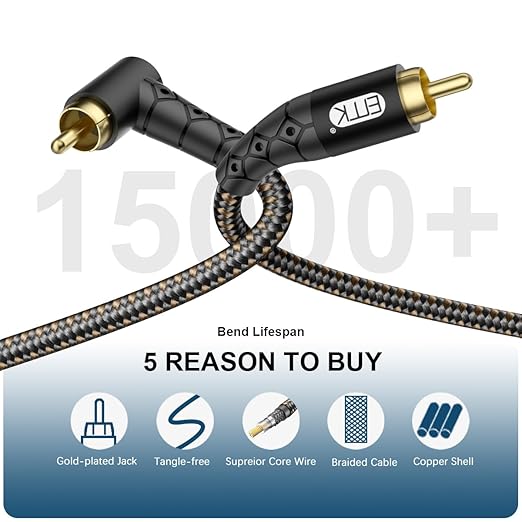 EMK 90 Degree RCA Subwoofer Cable 24K Gold-Plated Connector Nylon Braided Double Shielded – Support Digital & Analog Signals for Amplifier, Home Theater, Hi-Fi System,Subwoofer Black/50ft/15m