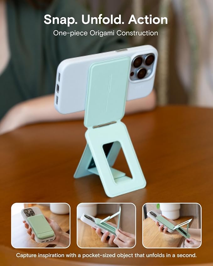 MOFT Phone Stand, Magnetic Phone Tripod Stand Stain-Resistant MOVAS Leather & Angle Adjustment & Strong Magnets Tripod for iPhone 16/15/14/13/12 (Included Metal Ring)-Peppermint