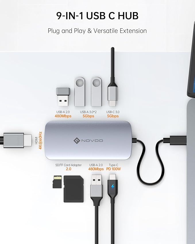USB C Hub, 9 in 1 USB C Multiport Adapter with 4K@60Hz HDMI, 5 USB Ports, 100W PD, SD/TF USB C Adapter, USB C to HDMI Adapter, USB C Dock for MacBook Pro/Air, HP, DELL, Lenovo, ASUS Laptops NOVOO