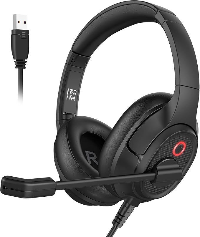 Headset with Microphone for PC, USB Computer Headsets AI-Powered Environmental Noise Cancelling Headphone with Busylight, Mic Mute Boom & Volume Control, Wired Over-Ear Headset for Laptop/Work/Office