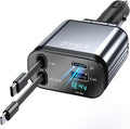 Fast Charger 4 in 1 Retractable Car Charger 69W with Starry Light,USB-C Fast Car Accessories,Compatible with All iPhones All Android Phones (Grey, Lightning & USB-C/Without Starry)