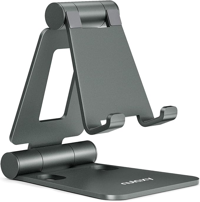 Nulaxy Dual Folding Cell Phone Stand, Fully Adjustable Foldable Desktop Phone Holder Cradle Dock Compatible with iPhone 17 16 15 14 13 12 11 Pro Max Xs Xr X 8, Nintendo Switch, All Phones - Gray