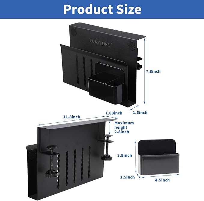 LUKETURE Laptop Holder, Steel Desk Side Storage, No Drill Standing Desk Accessories, Clamp on Laptop Mount with Pen Holder, Fits Flat Edge Tables 0.3" to 2.8" (Black, M(1 Tier))