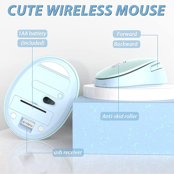 Wireless Keyboard and Mice Combo,Retro Round Keys Full-Sized Cute Keyboard, 2.4Ghz Dropout-Free Connection and Optical Mouse for Windows, Mac, PC, Laptop, Desktop (Blue-Colorful)
